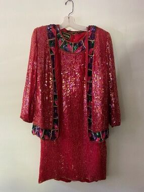 Vintage 1980s Red Sequin Multi Beaded Dress & Jacket Party Holiday Glam Medium